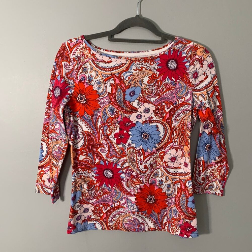 Talbots Floral Paisley Tee Women Size S‎ Red Blue 3/4 Sleeve Boat Neck Top
